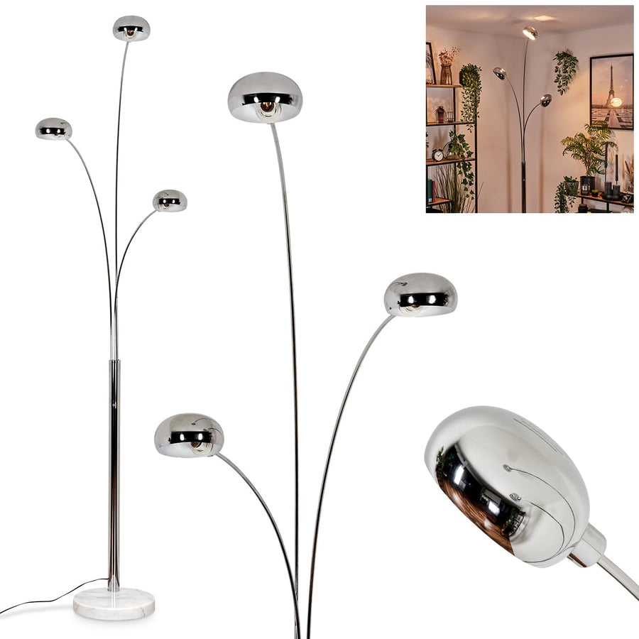 Lampadaire Nikkala, lampe sur pied en métal/verre en couleur chrome/blanc, luminaire au design moderne, abat-jour réglable, interrupteur on/off sur le boîtier, hauteur 240 cm, 3 x E14, sans ampoules