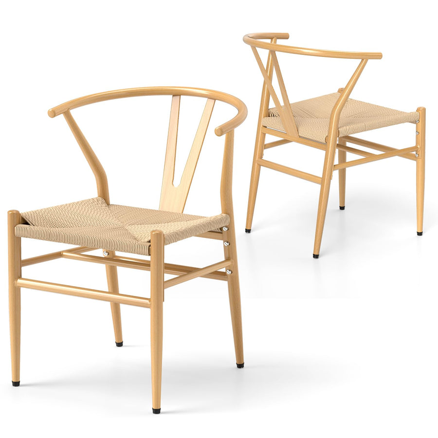 COSTWAY Chaise Wishbone Style Scandinave, Chaises avec Cadre en Métal, Dossier en Y, Assise Tressée, Chaise Design pour Salle à Manger, Salon, Bureau (Naturel,2)