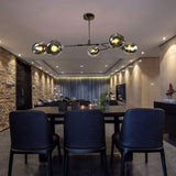 Lustre à branches en boule de verre de 71 po, lustre Spoutnik E26 à hauteur réglable, suspension globe Starburst à 8 lumières du milieu du siècle, luminaires en métal soufflé à la main, suie dégradée