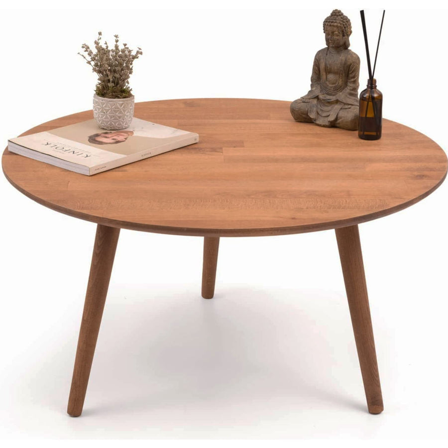 Gozos Oviedo Table Basse Ronde | Table d'appoint Bout de Canapé Élégante en Bois de Hêtre Massif | Table Vintage Idéal pour la Décoration de Style Boho | Table Basse à Structure Simple | Ø 80 cm