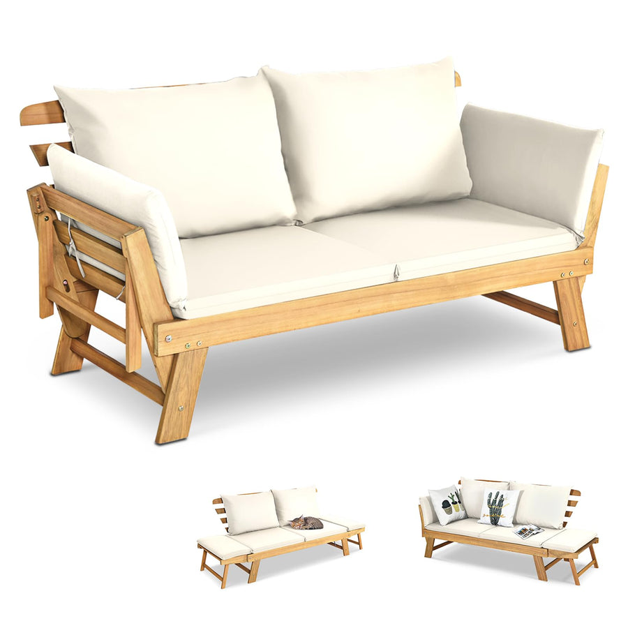 GOPLUS Canapé Lit de Jardin Extensible 2 Places Charge 320 KG, Accoudoirs Réglables, Coussins & Dossier Amovibles, Cadre en Bois d’Acacia Massif, pour Terrasse, Balcon, Parc, Patio (Blanc) GOPLUS Canapé Lit de Jardin Extensible 2 Places Charge 320 KG, Accoudoirs Réglables, Coussins & Dossier Amovibles, Cadre en Bois d’Acacia Massif, pour Terrasse, Balcon, Parc, Patio (Blanc)