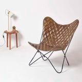 HOMESCAPES Fauteuil Papillon en Cuir véritable Marron Losanges et métal, Chaise en Cuir Vintage, Fauteuil rétro, 88 x 77 cm