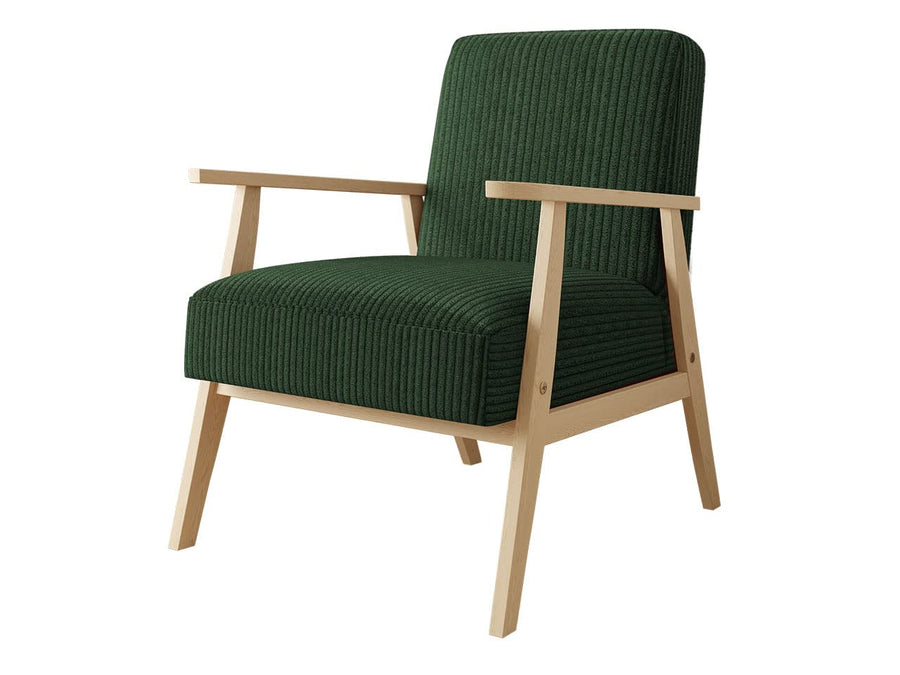 Fauteuil Wikez en velours côtelé, fauteuil rembourré avec accoudoirs en bois, chaise en bois, fauteuil rétro, salon (Poso 14)