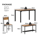 SogesPower Ensemble de table et chaises de salle à manger, avec 1 table, 2 chaises et 1 banc, jeu de table à manger pour 4 personnes, adapté à la cuisine, à la salle à manger, Vintage