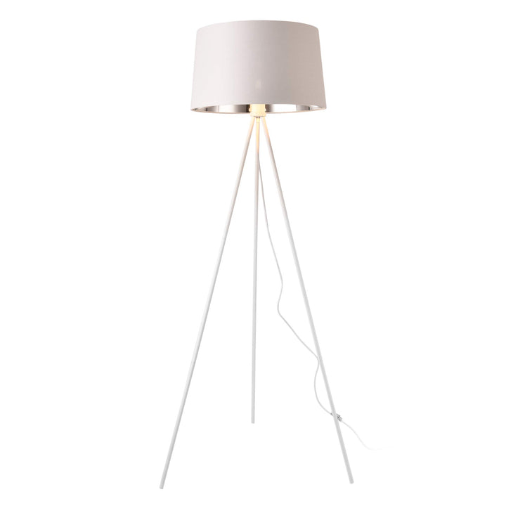 Lampadaire Trépied Moderne Stylé Lampe sur Pied Design E27 Métal Textile Hauteur 150 cm Blanc Argenté