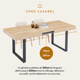 CASABEL - Table à Manger Extensible avec Rallonge - Grande Capacité - Style Industriel - Plateau de 160 à 200 cm - 6 à 8 Personnes - Pieds en métal - Salle à Manger, Cuisine - Bois Clair et Noir