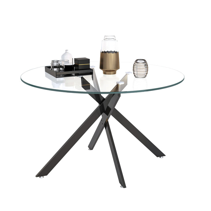 Binrrio Table de salle à manger ronde en verre de 120 cm, table de cuisine moderne pour 6 personnes avec pieds en métal noir, table de salle à manger transparente pour la maison, le bureau, la salle à Binrrio Table de salle à manger ronde en verre de 120 cm, table de cuisine moderne pour 6 personnes avec pieds en métal noir, table de salle à manger transparente pour la maison, le bureau, la salle à