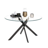 Binrrio Table de salle à manger ronde en verre de 120 cm, table de cuisine moderne pour 6 personnes avec pieds en métal noir, table de salle à manger transparente pour la maison, le bureau, la salle à