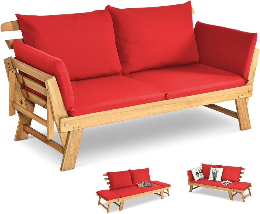 GOPLUS Canapé Lit de Jardin Extensible 2 Places Charge 320 KG, Accoudoirs Réglables, Coussins & Dossier Amovibles, Cadre en Bois d’Acacia Massif, pour Terrasse, Balcon, Parc, Patio(Coussin Rouge)