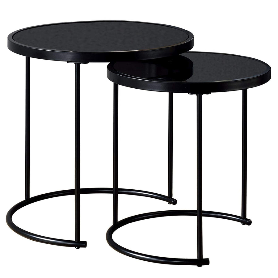 IDIMEX Lot de 2 Tables d'appoint LEYRE Tables Basses de salon gigognes, Tables à café, Bouts de canapé Design Industriel, Plateau Rond en Verre trempé Noir Cadre en métal Noir