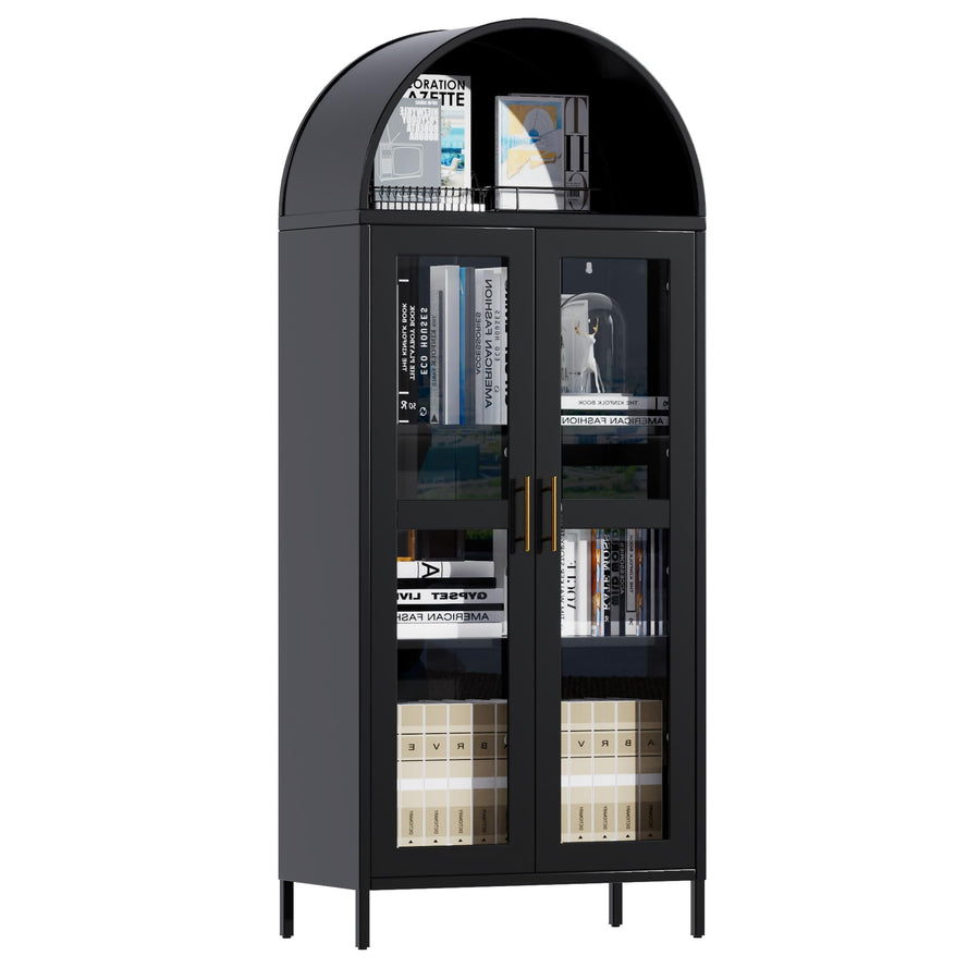 SUPEER Armoire Vitrine ‌Arquée‌ en Métal Noir - Meuble de Rangement avec Portes en Verre Trempé, Dimensions 78x39x185 cm - 4 Étagères Réglables - Convient Salon/Chambre 