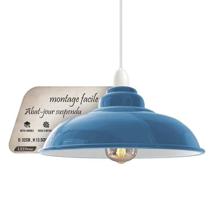 LEDSone Abat-jour de plafond industriel moderne en métal, grand abat-jour courbé de 32 cm, facile à installer, pour salon, cuisine, couloir (plaque réductrice gratuite) (Bleu Clair)
