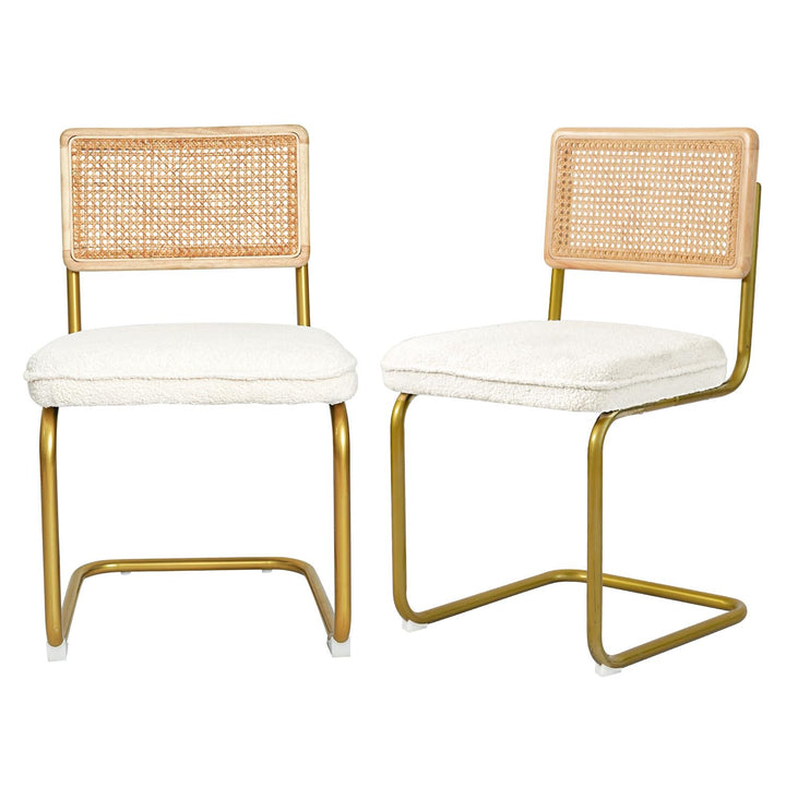 CangLong Lot de 2 chaises de salle à manger, élégante chaise de cuisine à dossier en osier avec pieds en métal doré, chaises confortables avec coussins molletonnés pour salon, salle à manger, beige