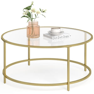 VASAGLE Table Basse Salon, Meuble de Salon en Verre, Cadre en AER, Table Basse Ronde, Doré LGT21G