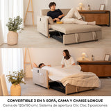 Nalui Nest 2 canapés lit 2 Places 3 en 1 avec Dossier réglable et 2 oreillers, supporte jusqu'à 240 kg, canapé 2 Places Convertible en lit de 120 x 190 cm, Beige