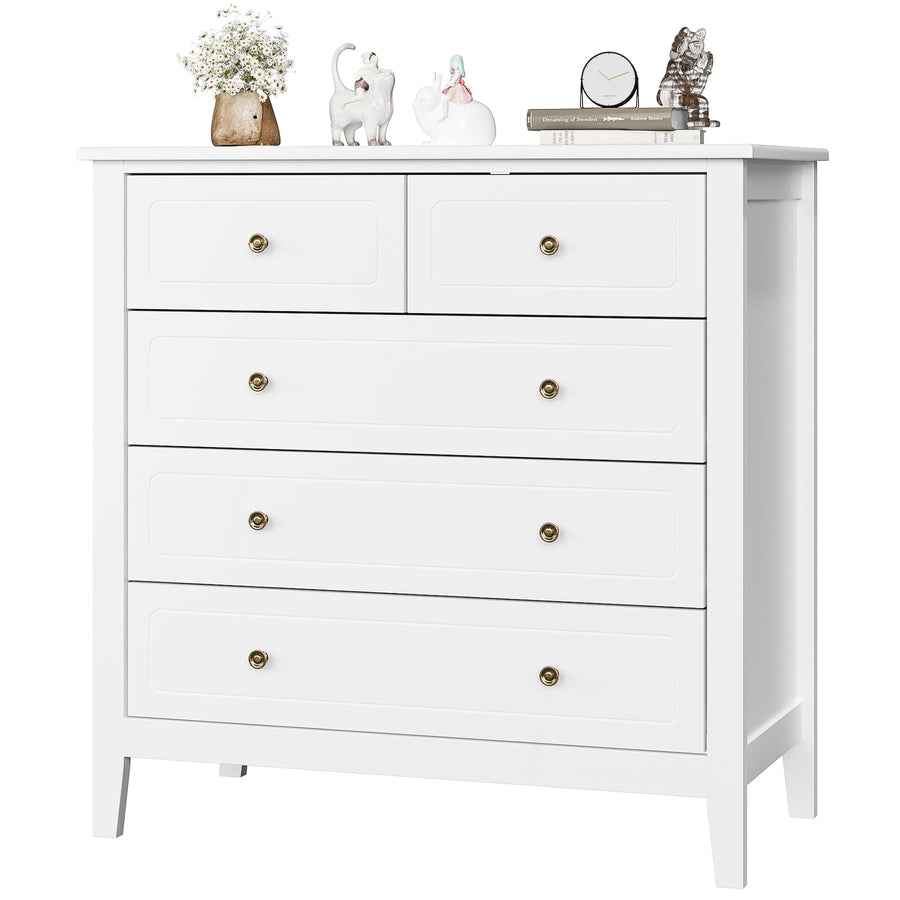 FOREHILL Commode Chambre Commode avec 5 Tiroirs Meuble de Rangement Chambre Adulte Commode Blanche Salon Moderne en Bois 80x40x80cm