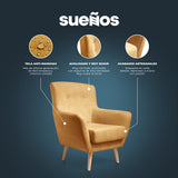SUENOSZZZ-ESPECIALISTAS DEL DESCANSO Fauteuil nordique IZAN une place, fauteuil tapissé en tissu anti-taches, couleur beige