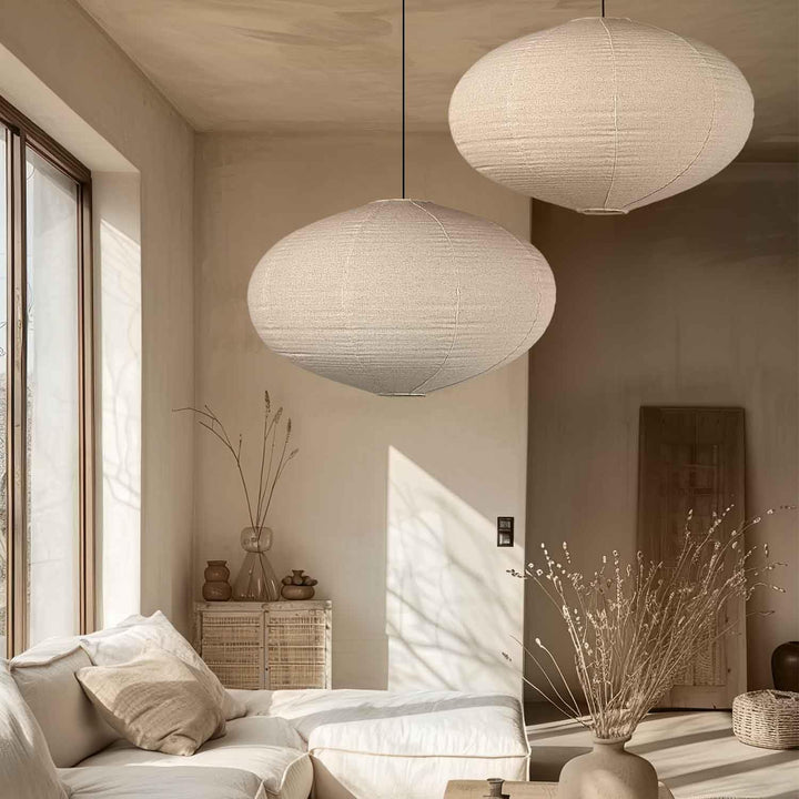 METHEDEECO Ensemble de 2 abat-jours en lin bohème, abat-jours suspendus faits à la main, diamètre 50 cm, ovale, abat-jour minimaliste en tissu pour salon, chambre, couloir et salle à manger