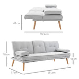 HOMCOM Canapé Convertible 3 Places Design scandinave Inclinaison Dossier réglable 3 Niveaux Dossier Centrale Rabattable 2 Porte-Verres Bois Massif Lin Gris Clair