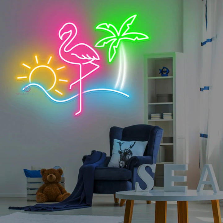 Lampe néon d'été à intensité variable alimentée par USB, en acrylique, flamant rose, palmier vert, décoration artistique pour décoration de plage, chambre de fille, hôtel, plage, piscine, fête (40 x
