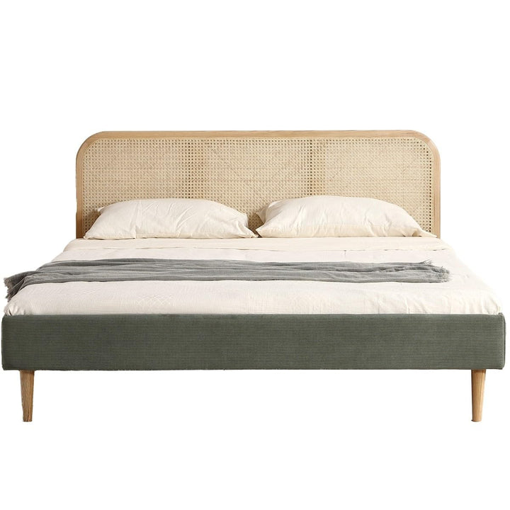 HOMIFAB Lit Adulte 140x190 cm en Velours côtelé Vert Kaki avec tête de lit en cannage - Dalia