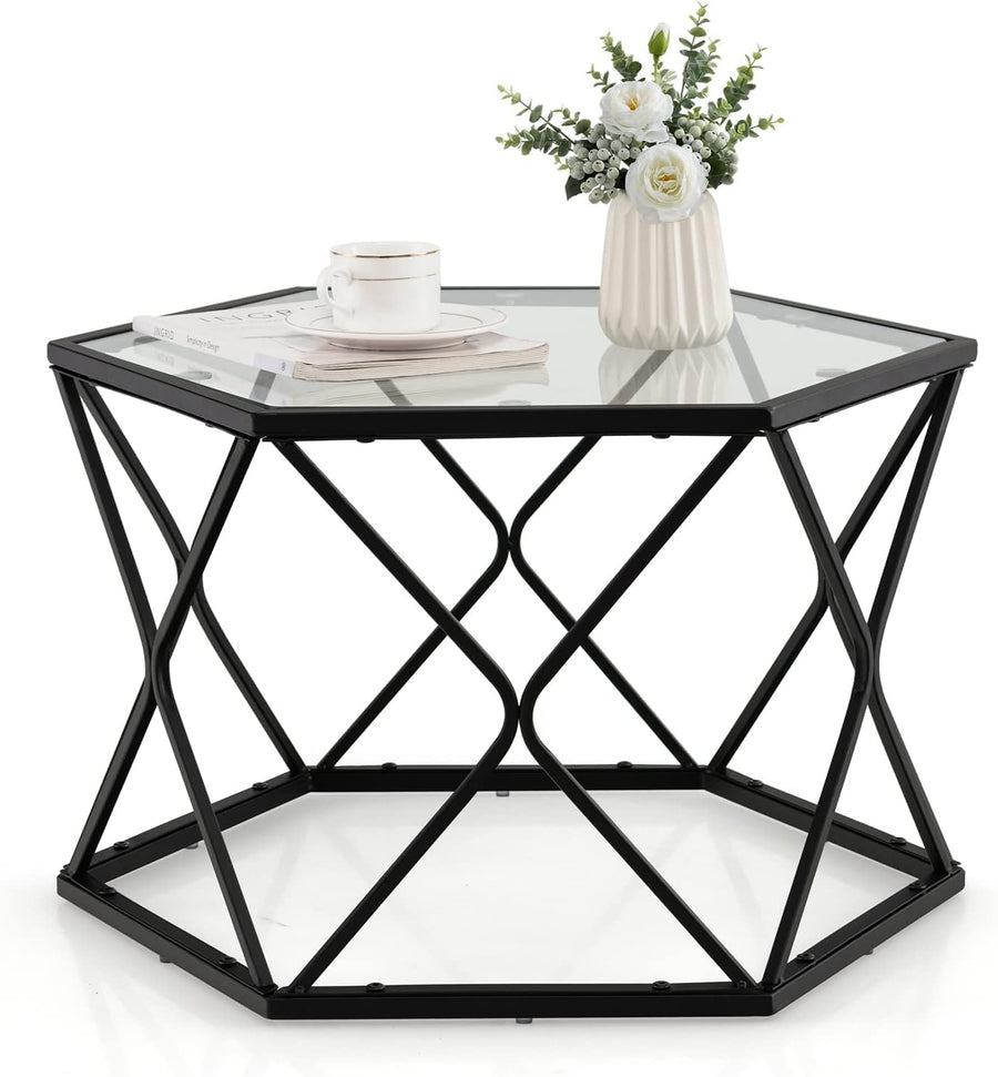 LIFEZEAL Table Basse en Verre Trempé, Table de Salon Hexagonal 65 x 56,5 x 40,5 cm, Table d'Appoint avec Cadre en Fer, Noir