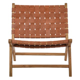 Meubletmoi Fauteuil Bas Lounge Incliné en Bois de Teck Massif avec Sangles Croisées en Cuir Marron - Style Naturel et Exotique - HEI