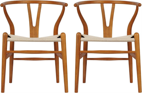 CEMELI Wishbone Lot de 2 chaises de salle à manger en bois massif naturel avec accoudoirs en rotin et bois