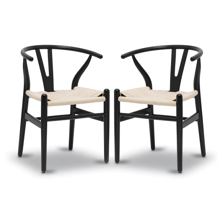Lot de 2 chaises Y en bois massif du milieu du siècle – Design Wishbone – Chaises de salle à manger avec accoudoirs et assise en chanvre en frêne et finition noyer (noir)