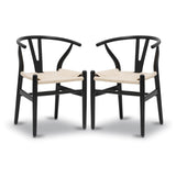 Lot de 2 chaises Y en bois massif du milieu du siècle – Design Wishbone – Chaises de salle à manger avec accoudoirs et assise en chanvre en frêne et finition noyer (noir)