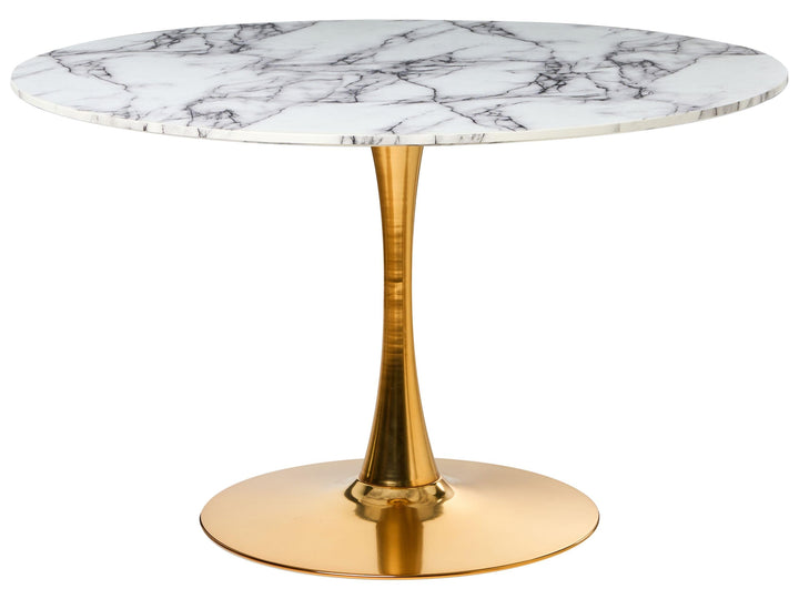 Table de Cuisine Ronde Minimaliste ø 120 cm Base en Métal Plateau MDF Effet Marbre Blanc Boca