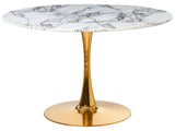 Table de Cuisine Ronde Minimaliste ø 120 cm Base en Métal Plateau MDF Effet Marbre Blanc Boca