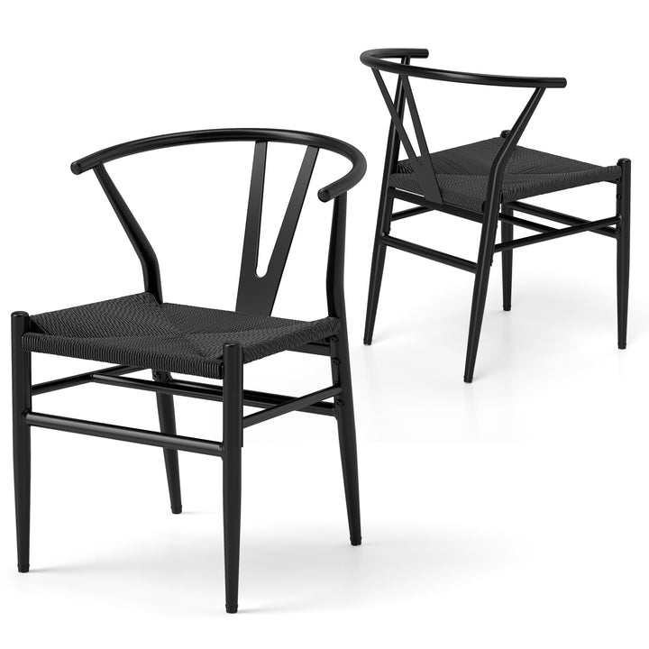 COSTWAY Chaise Wishbone Style Scandinave, Chaises avec Cadre en Métal, Dossier en Y, Assise Tressée, Chaise Design pour Salle à Manger, Salon, Bureau (Noir,2)
