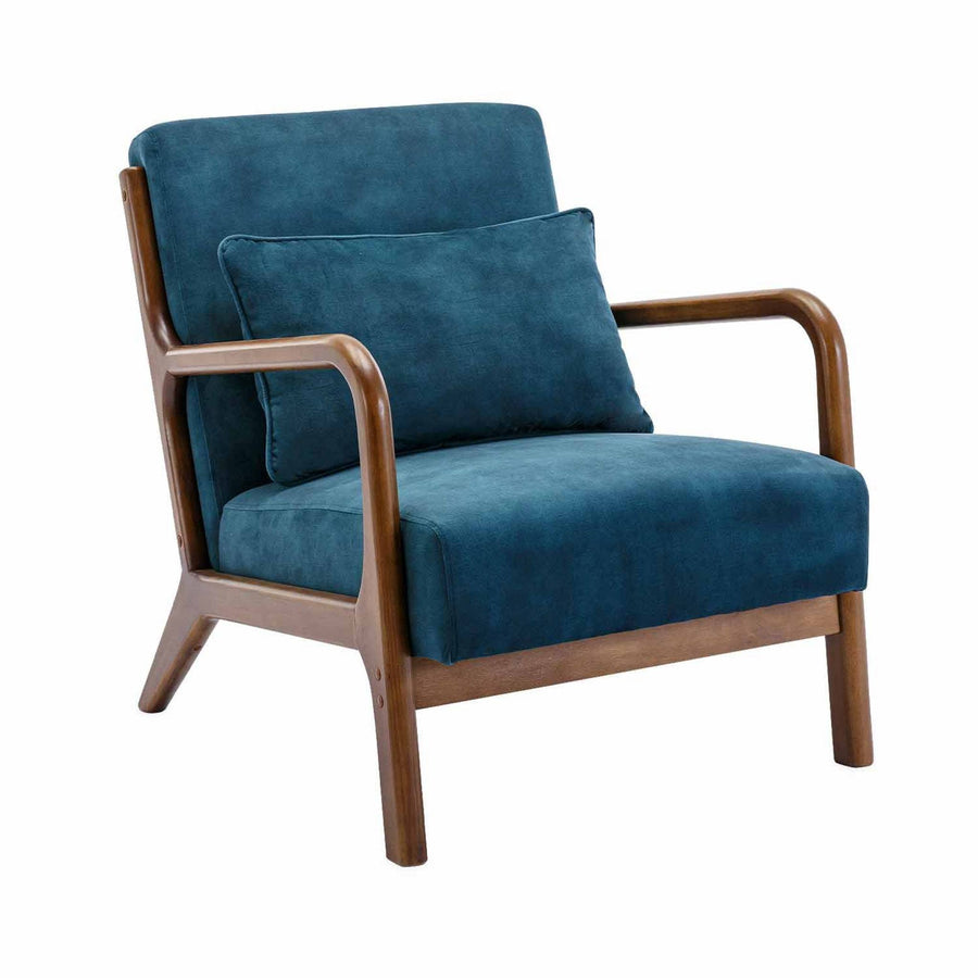 Alice's Home - Fauteuil en Velours Bleu pétrole. Pieds Bois d'hévéa teinté Noyer Clair. 1 Place Droit Fixe. Pieds Compas scandinave