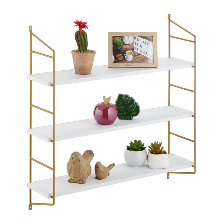 Relaxdays Étagère Murale, HxLxP: 60 x 60 x 15 cm, Rangement à 3 Niveaux, MDF & Fer, Support Salon, Blanc - Or Relaxdays Étagère Murale, HxLxP: 60 x 60 x 15 cm, Rangement à 3 Niveaux, MDF & Fer, Support Salon, Blanc - Or