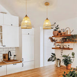 DAXGD Lampe Suspension en Rotin Bambou Naturel, Suspension Luminaire La Main Lampe Vintage, Boho Lustre Plafonnier en Osier Suspension Réglable E27 pour Table À Manger Couloir Cuisine Salon