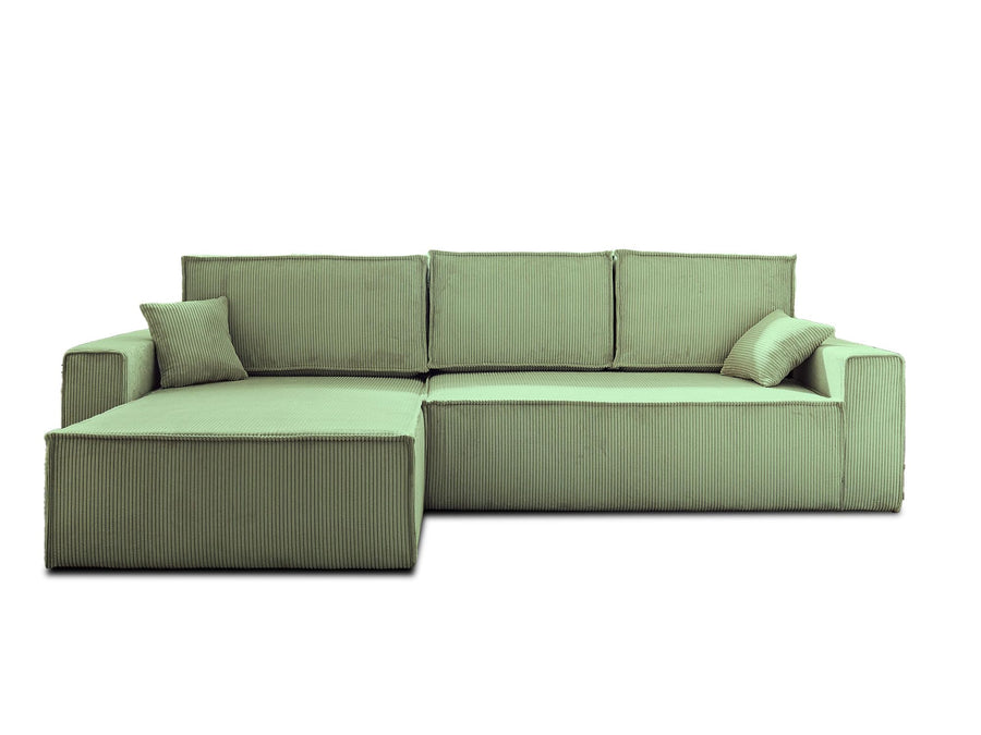 Best Mobilier - Canapé d'angle Convertible Réversible Dellia en Velours Côtelé - Canapé Lit - Sofa Vert Sauge 4 Places - Angle Droit - ou Gauche - Salon