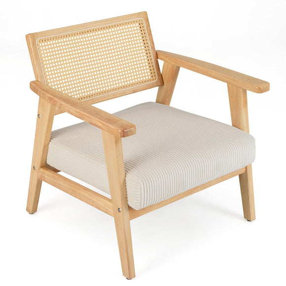 COSTWAY Chaise d'Appoint en Velours Côtelé, Chaise de Loisirs d'ntérieur avec Siège Rembourré et Dossier en Rotin, Fauteuil Rembourré en Bois d'Hévéa, pour Chambre, Salon, Bureau, Naturel