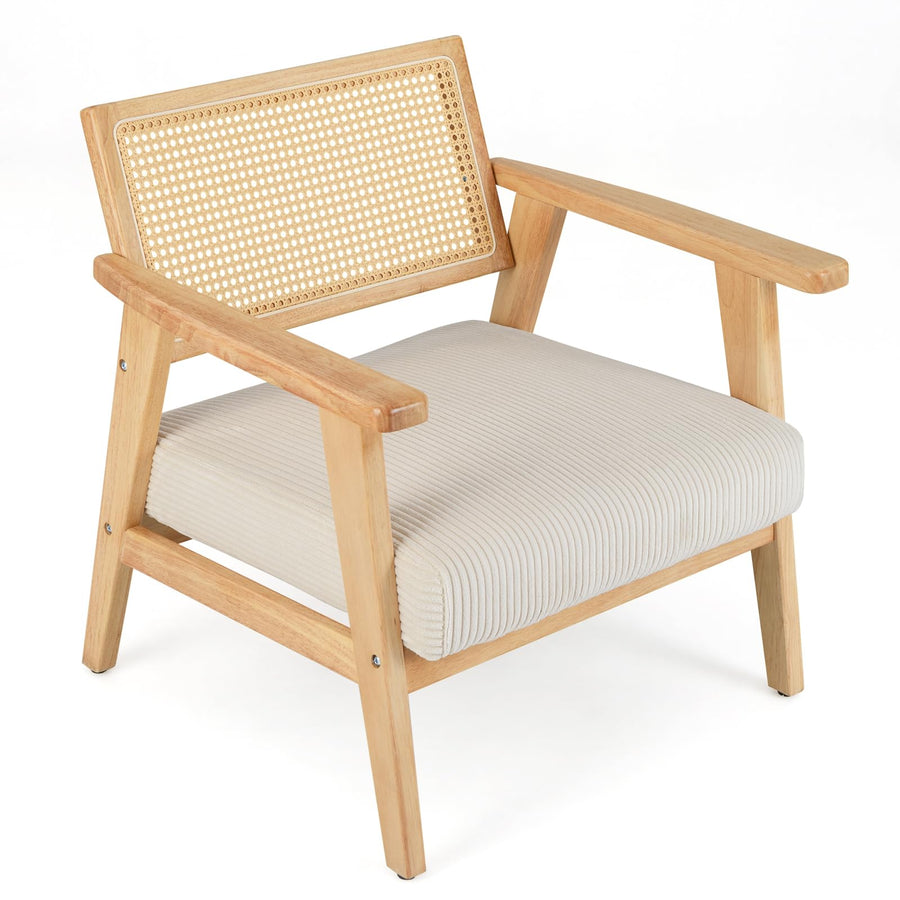 COSTWAY Chaise d'Appoint en Velours Côtelé, Chaise de Loisirs d'ntérieur avec Siège Rembourré et Dossier en Rotin, Fauteuil Rembourré en Bois d'Hévéa, pour Chambre, Salon, Bureau, Naturel