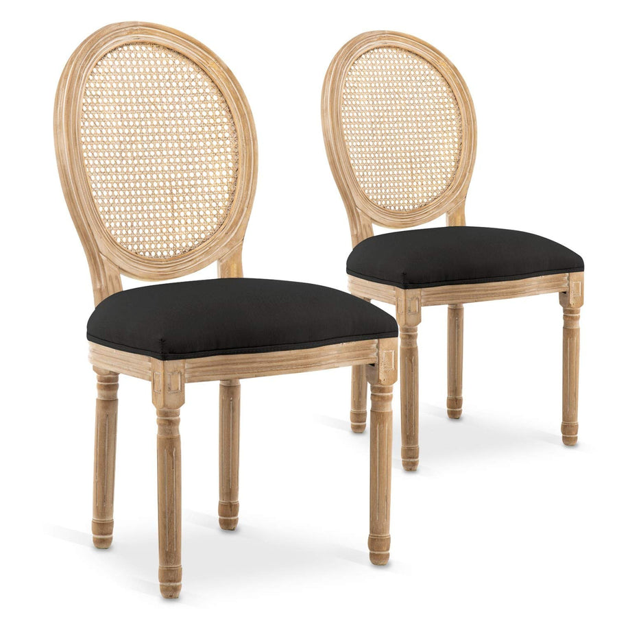 INTENSE DECO Lot de 2 chaises médaillon Louis XVI Cannage Rotin Tissu Noir