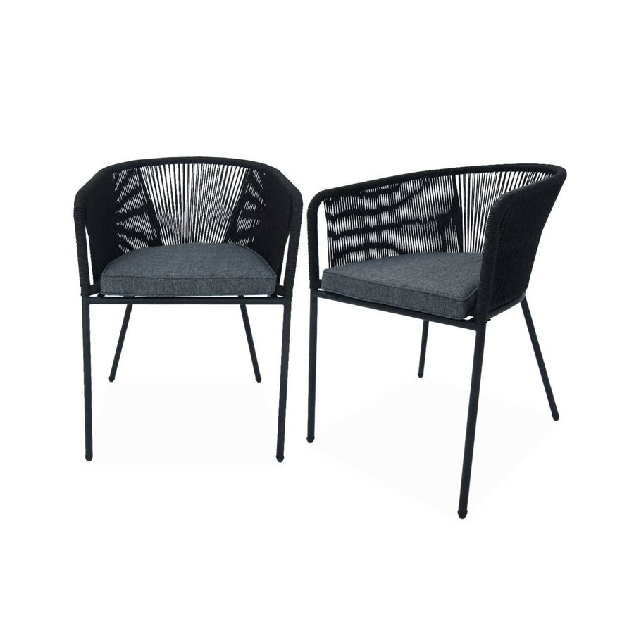 Alice's Garden - Lot de 2 fauteuils de Jardin en Corde Noire et Acier galvanisé. Coussin Gris