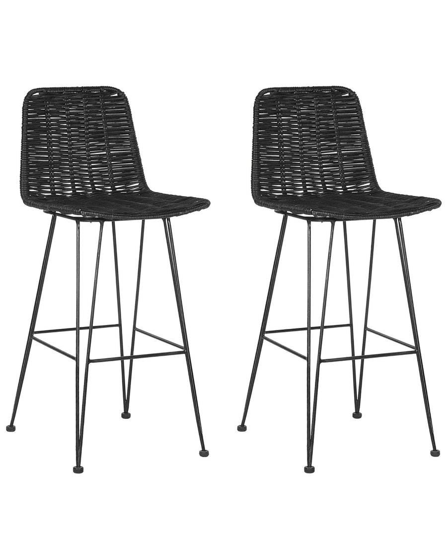 Beliani Lot de 2 Chaises de Bar au Style Moderne en Rotin Noir et Pieds en Métal pour Tout Type de Salon Traditionnel et Exotique