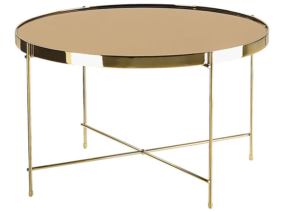 Table Basse Table Café Ronde 63 cm en Verre et Acier Marron et Dorée Design Moderne pour Chambre ou Salon Contemporain Beliani