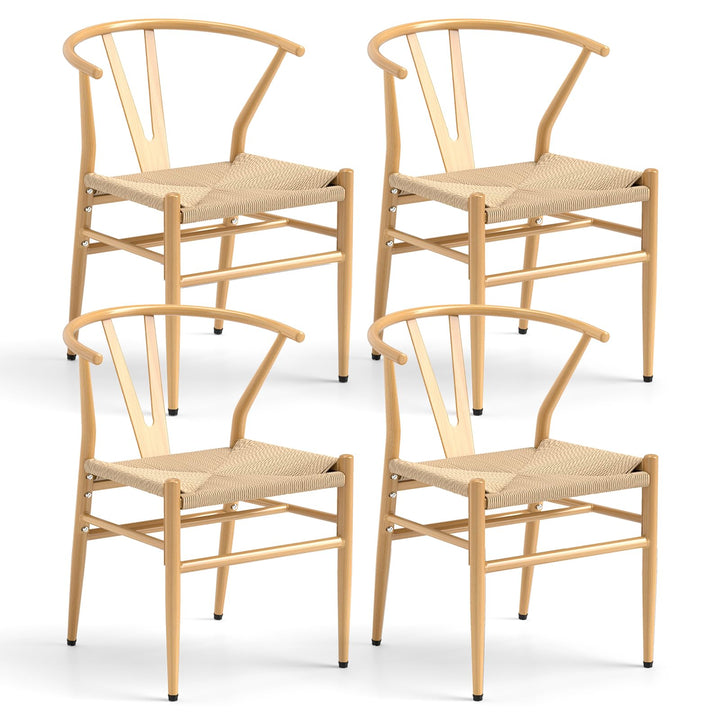 COSTWAY Chaise Wishbone Style Scandinave, Chaises avec Cadre en Métal, Dossier en Y, Assise Tressée, Chaise Design pour Salle à Manger, Salon, Bureau (Naturel,4)