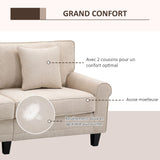 HOMCOM Canapé 3 Places en Tissu Velours côtelé, canapé Salon, 197 cm, avec accoudoirs et Dossier rembourrées, canapé avec 2 oreillers, Pieds en Bois Massif de pin, pour Salon, Chambre, Bureau, Beige