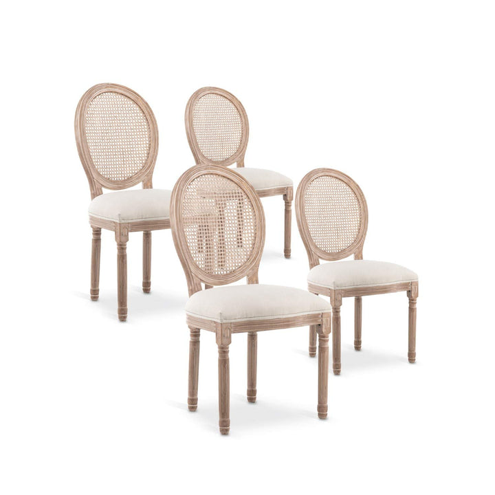 Lot de 4 chaises médaillon Louis XVI Cannage Rotin Tissu Beige