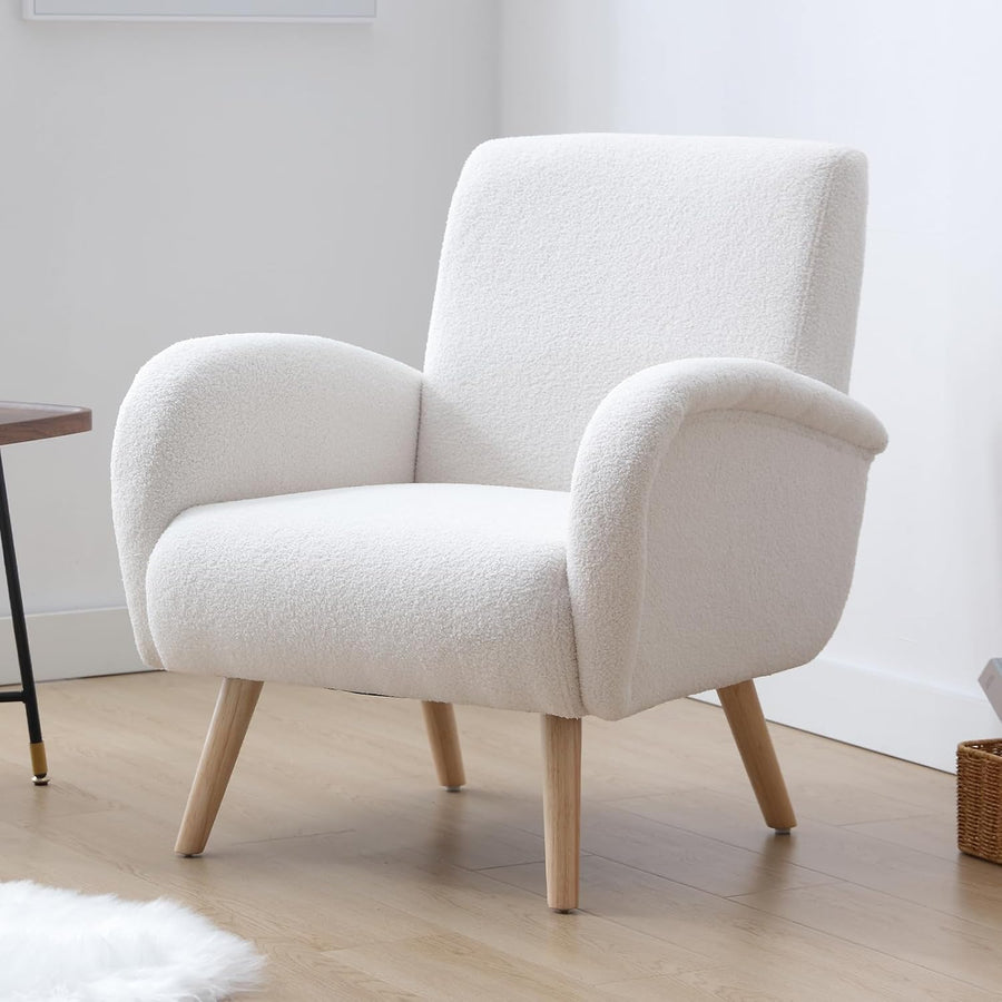 chairus Fauteuil de Loisirs en Fausse Fourrure Modern Chaise de Relaxation pour Salon Sofa de Chambre avec Pieds en Bois (Blanc)