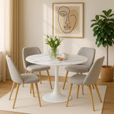 Table à Manger Ronde pour 4 à 5 Personnes diamètre 100 cm, Plateau en Verre trempé Aspect marbre Blanc, Base Ronde en métal Blanc - Tulips