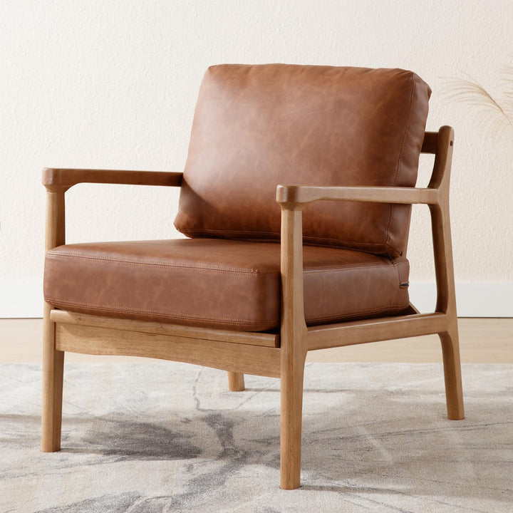 Ya-Home Fauteuils de Salon Rétro avec Accoudoir Fauteuil Chambre en Cuir PU avec Pied en Bois, Fauteuil Confortable pour Salon, Marron