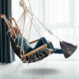 SUNWAY Chaise hamac avec repose-pieds réglable et appuie-tête - Tissu matelassé et barre d'écartement en acier - Capacité de 158,8 kg - Chaise suspendue avec accoudoirs en bois pour porche/jardin